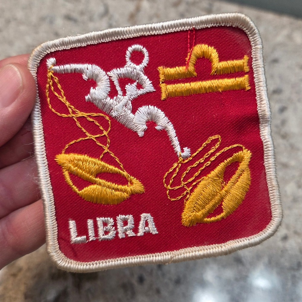 Vintage‎ Libra Zodiac Patch Red Gold Embroidered Sew On Astrology Scales 3 Inch